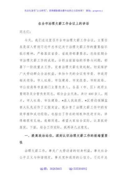 在全市治理欠薪工作会议上的讲话