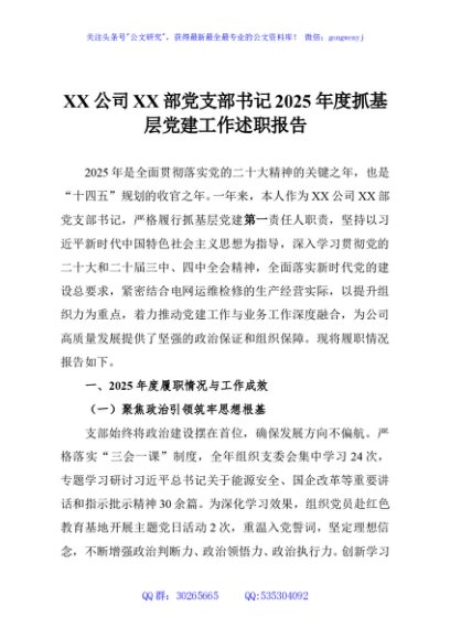 XX公司XX部党支部书记2025年度抓基层党建工作述职报告