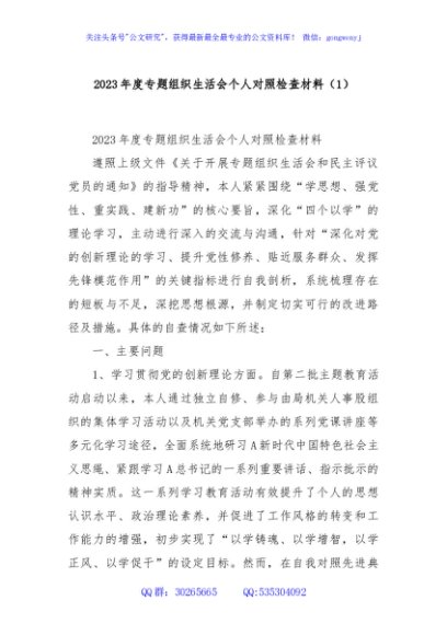 2023年度专题组织生活会个人对照检查材料（1）
