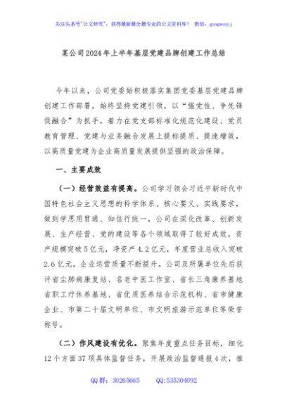 某公司2024年上半年基层党建品牌创建工作总结