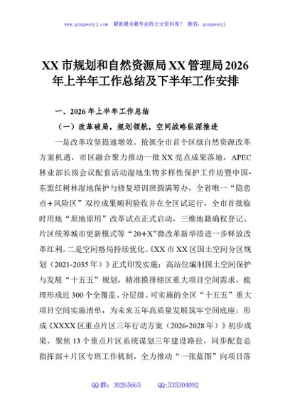 XX市规划和自然资源局XX管理局2026年上半年工作总结及下半年工作安排