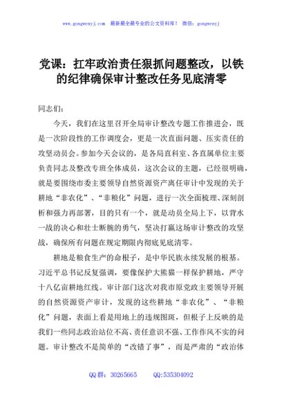 党课：扛牢政治责任狠抓问题整改，以铁的纪律确保审计整改任务见底清零