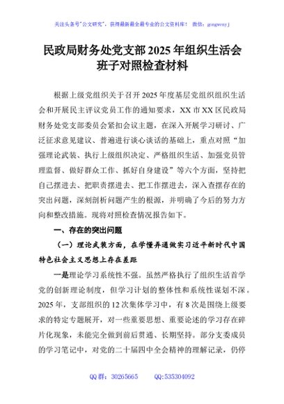 民政局财务处党支部2025年组织生活会班子对照检查材料