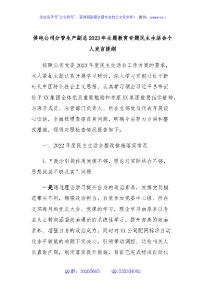 供电公司分管生产副总2023年主题教育专题民主生活会个人发言提纲