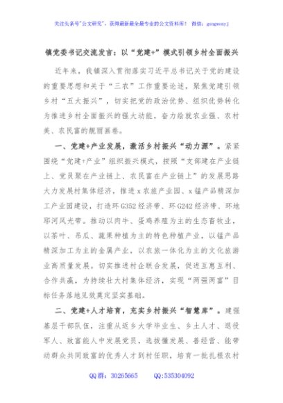 镇党委书记交流发言：以“党建+”模式引领乡村全面振兴