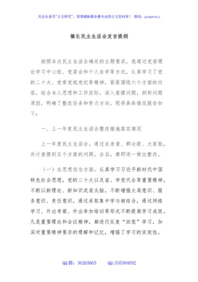 镇长民主生活会发言提纲