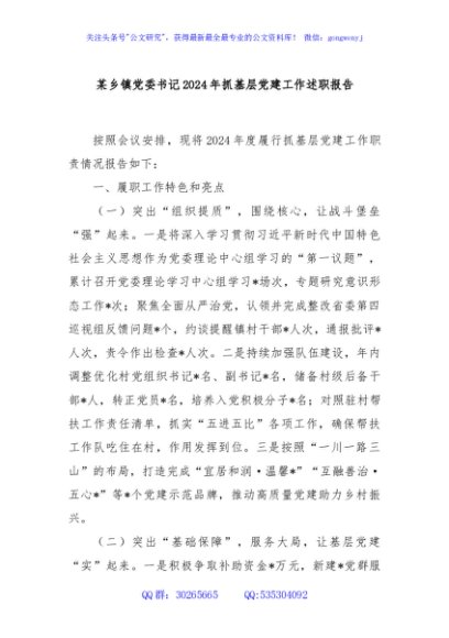 某乡镇党委书记2024年抓基层党建工作述职报告