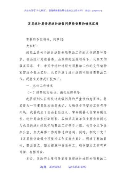 某县统计局开展统计造假问题排查整治情况汇报