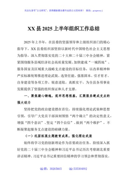 XX县2025上半年组织工作总结