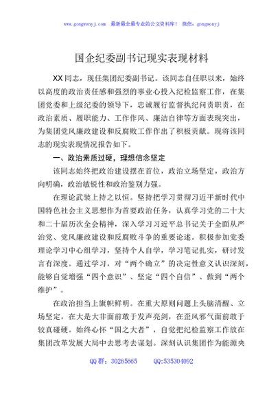 国企纪委副书记现实表现材料