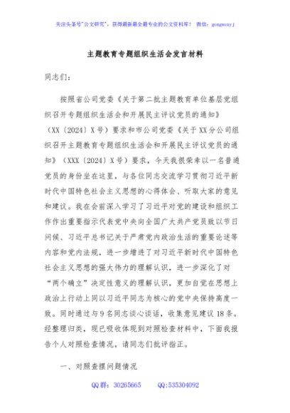 主题教育专题组织生活会发言材料