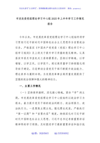 市发改委党组理论学习中心组2025年上半年学习工作情况报告