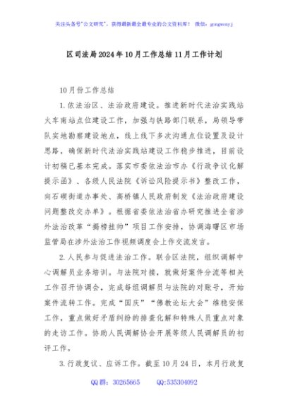 区司法局2024年10月工作总结11月工作计划
