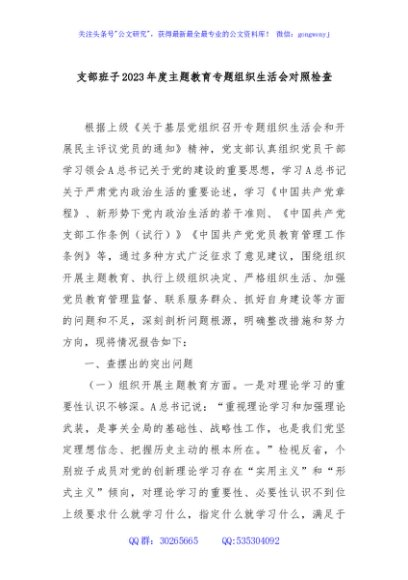 支部班子2023年度主题教育专题组织生活会对照检查