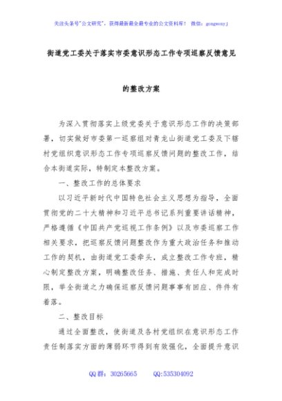 街道党工委关于落实市委意识形态工作专项巡察反馈意见的整改方案