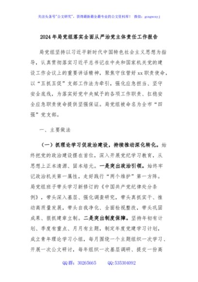 2024年局党组落实全面从严治党主体责任工作报告