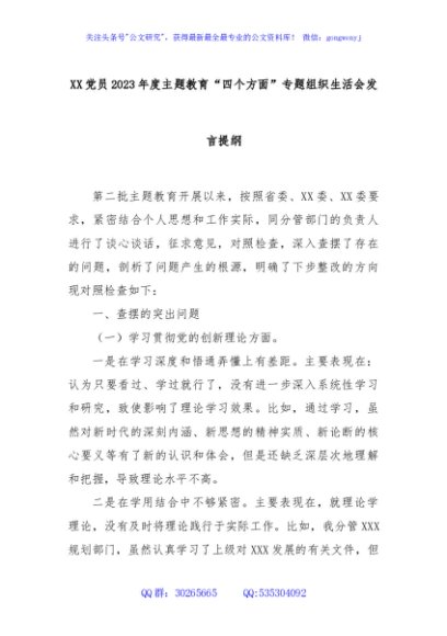 XX党员2023年度主题教育“四个方面”专题组织生活会发言提纲