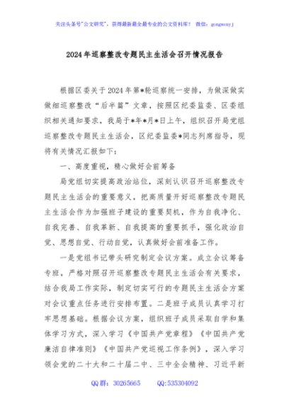 2024年巡察整改专题民主生活会召开情况报告