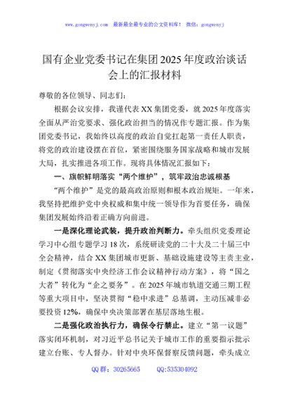 国有企业党委书记在集团2025年度政治谈话会上的汇报材料