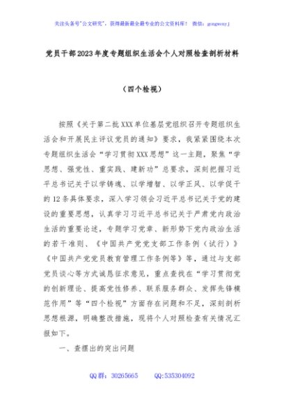 党员干部2023年度专题组织生活会个人对照检查剖析材料（四个检视）