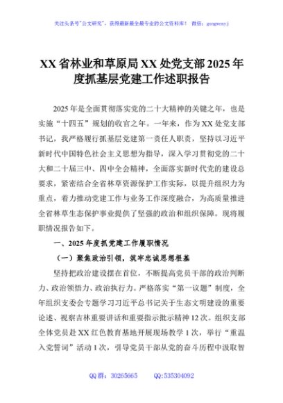 XX省林业和草原局XX处党支部2025年度抓基层党建工作述职报告