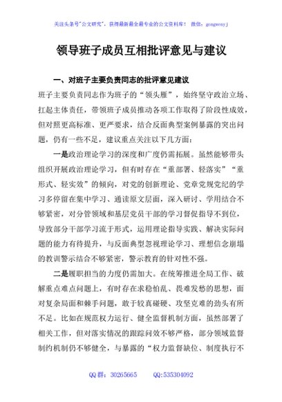 领导班子成员互相批评意见与建议