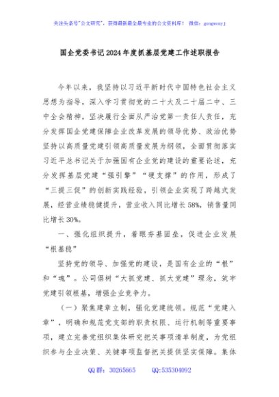 国企党委书记2024年度抓基层党建工作述职报告