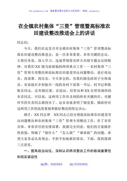 在全镇农村集体“三资”管理暨高标准农田建设整改推进会上的讲话