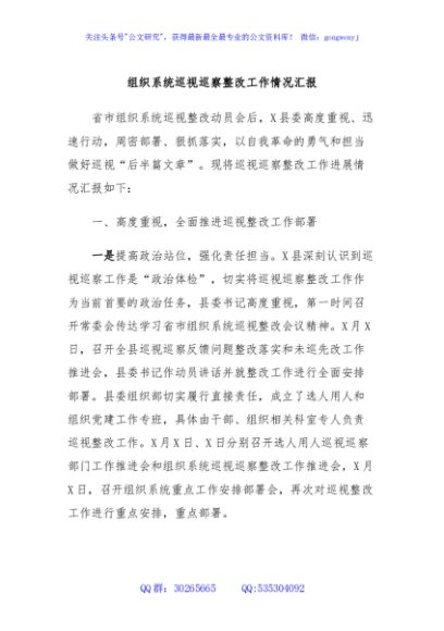 组织系统巡视巡察整改工作情况汇报