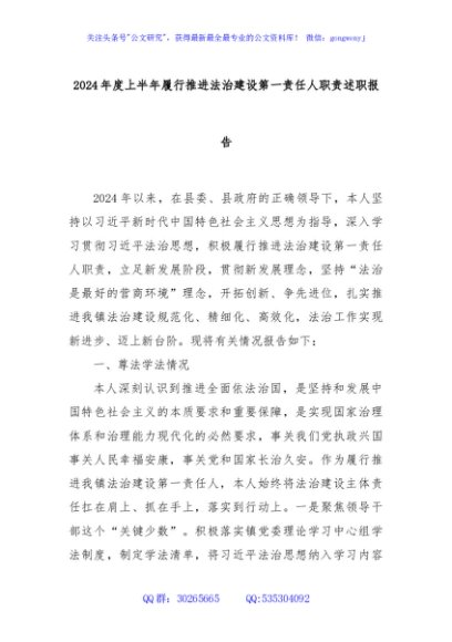 2024年度上半年履行推进法治建设第一责任人职责述职报告