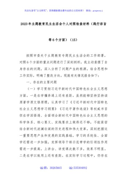 2023年主题教育民主生活会个人对照检查材料（践行宗旨等6个方面）（15）