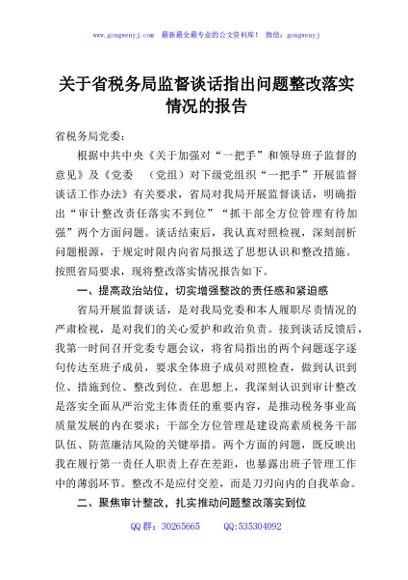 关于省税务局监督谈话指出问题整改落实情况的报告