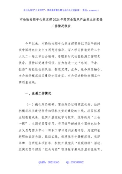 市检验检测中心党支部2024年落实全面从严治党主体责任工作情况报告