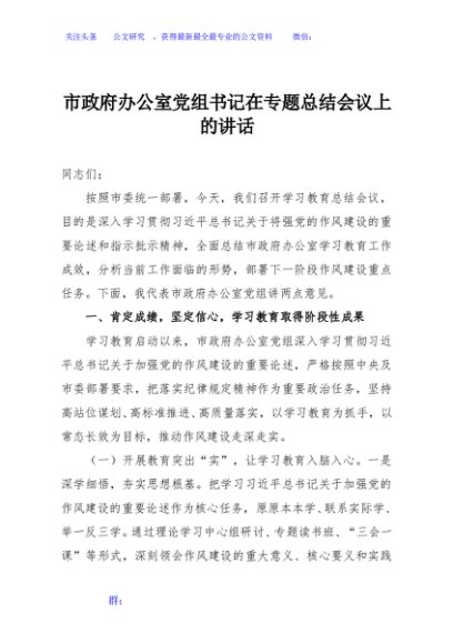 市政府办公室党组书记在专题总结会议上的讲话