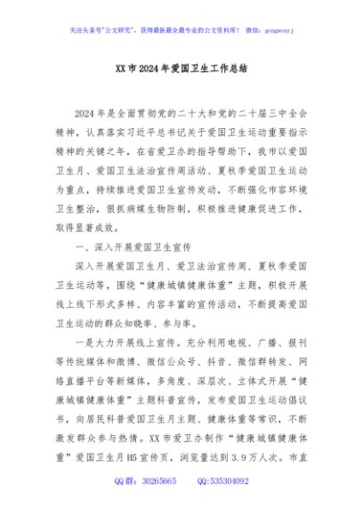 XX市2024年爱国卫生工作总结
