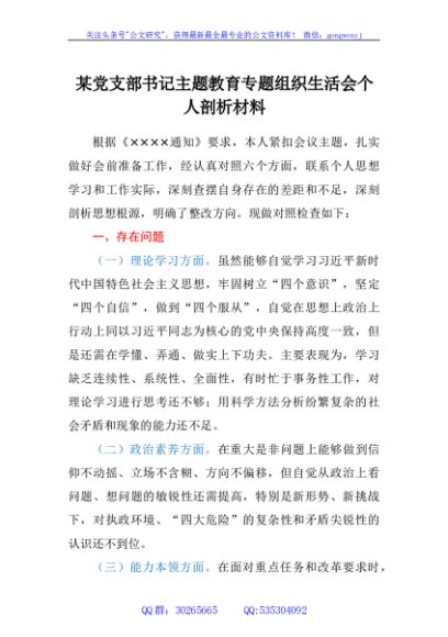 某党支部书记主题教育专题组织生活会 个人剖析材料