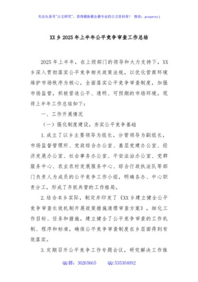 XX乡2025年上半年公平竞争审查工作总结