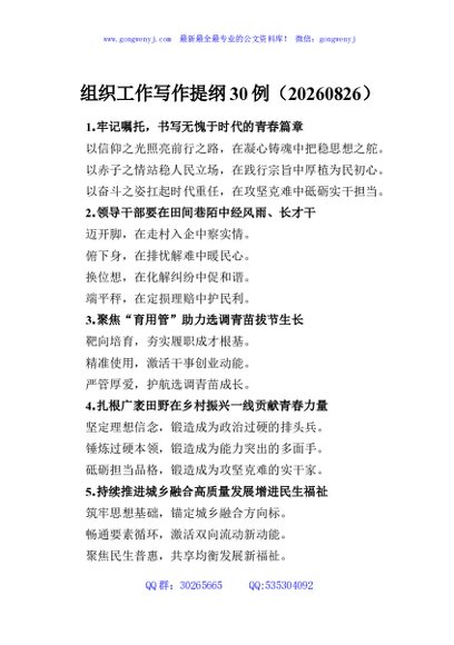 组织工作写作提纲30例（20260826）