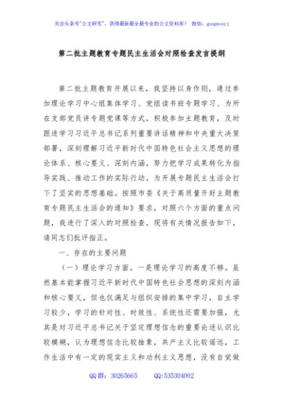 第二批主题教育专题民主生活会对照检查发言提纲