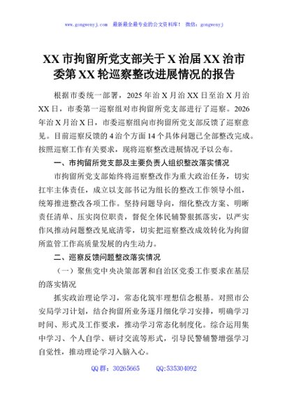 XX市拘留所党支部关于X治届XX治市委第XX轮巡察整改进展情况的报告