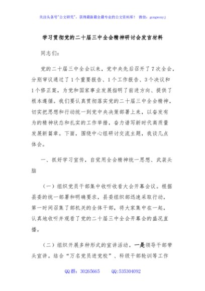 学习贯彻党的二十届三中全会精神研讨会发言材料