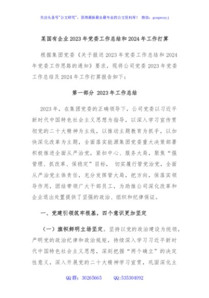 某国有企业2023年党委工作总结和2024年工作打算