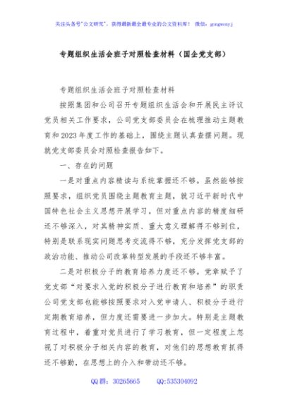 专题组织生活会班子对照检查材料（国企党支部）