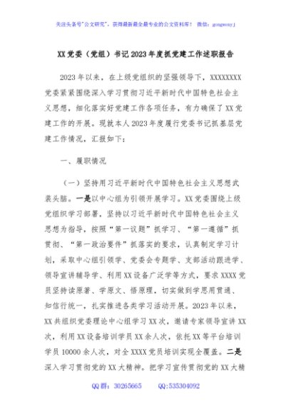 XX党委（党组）书记2023年度抓党建工作述职报告