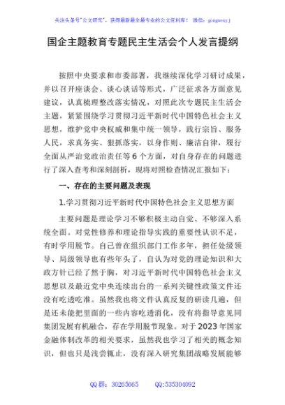 2023年主题教育专题民主生活会个人对照检查  国企总经理（践行宗旨等6个方面+案例剖析+上年度整改+个人事项）