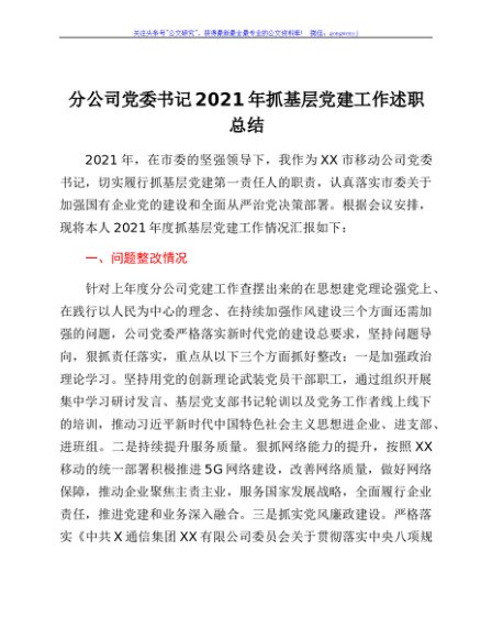 分公司党委书记2021年抓基层党建工作述职总结