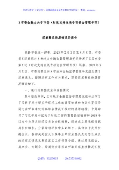 X市委金融办关于市委（财政支持发展专项资金管理专项）巡察整改进展情况的报告