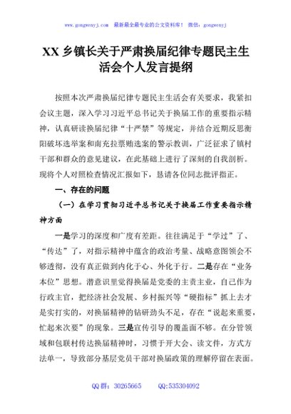 XX乡镇长关于严肃换届纪律专题民主生活会个人发言提纲