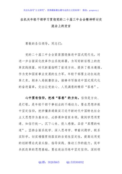 在机关年轻干部学习贯彻党的二十届三中全会精神研讨交流会上的发言
