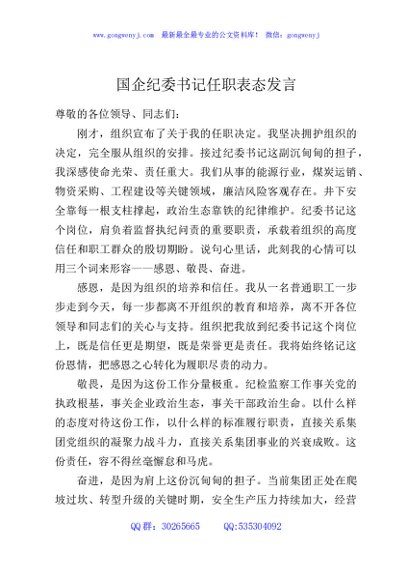 国企纪委书记任职表态发言